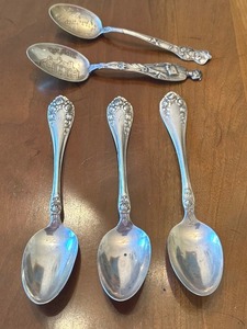 lot 79 image: Five Vintage Sterling Spoons including Two Vintage Sterling Silver Souvenir Spoons