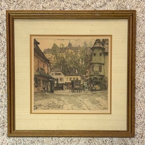 lot 87 image: Framed Vintage Old Grein Townscape Etching by Luigi Kasimir