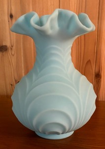 lot 223 image: Vintage Fenton Mist Blue Matte Draped and Ruffled Vase