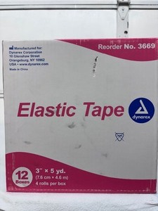 lot 22 image: MSRP $150  1 Case (48 rolls) NEW Dynarex 3669 12 boxes with 4-Pack Rolls 3 x 5 yd. Porous Elastic Tape -allows skin to breathe & stretches to fit around hard to tape areas -Ideal where pressure dressings requiring elasticity are prescribed