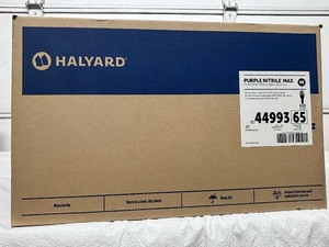 lot 37 image: MSRP $1000  1 Case (400 pairs) NEW Halyard 44993 Purple Nitrile Max Powder-Free Exam Gloves - Size M Maximum coverage & protection -For high exposure to fluids or chemicals- Textured palm and fingertips