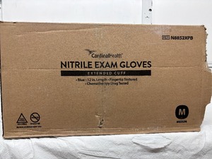 lot 72 image: 1 Case (1000 pairs) NEW Cardinal Health N8852XPB 12 Nitrile Exam Gloves - Extended Cuff Fingertip Textured and Chemotherapy Drug Tested - Size Medium Blue