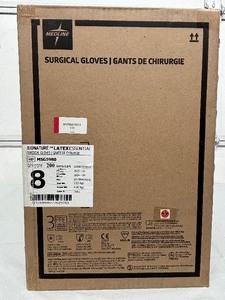 lot 83 image: MSRP $350  1 Case (200 pairs) NEW Medline MSG5980 Signature Latex Essential Powder Free Surgical Gloves -beaded cuff design ensures easy donning and doffing- textured surface improves grip - Size 8 (SOLD On Ebay $120 Per Case)