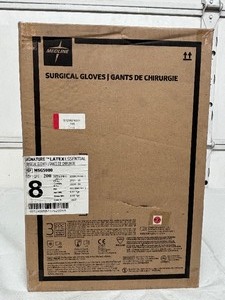 lot 93 image: MSRP $350  1 Case (200 pairs) NEW Medline MSG5980 Signature Latex Essential Powder Free Surgical Gloves -beaded cuff design ensures easy donning and doffing- textured surface improves grip - Size 8 (SOLD On Ebay $120 Per Case)