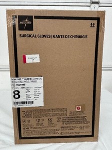 lot 94 image: MSRP $350  1 Case (200 pairs) NEW Medline MSG5980 Signature Latex Essential Powder Free Surgical Gloves -beaded cuff design ensures easy donning and doffing- textured surface improves grip - Size 8 (SOLD On Ebay $120 Per Case)