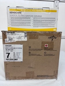 lot 96 image: 1 Case (100 pairs) NEW Medline MSG1070 Sensicare PI with Aloe Vera Sterile Powder-Free Synthetic Polyisoprene Surgical Gloves - Size 7 (open box)