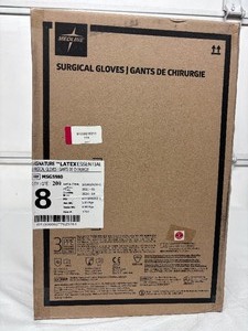 lot 99 image: MSRP $350  1 Case (200 pairs) NEW Medline MSG5980 Signature Latex Essential Powder Free Surgical Gloves -beaded cuff design ensures easy donning and doffing- textured surface improves grip - Size 8 (SOLD On Ebay $120 Per Case)