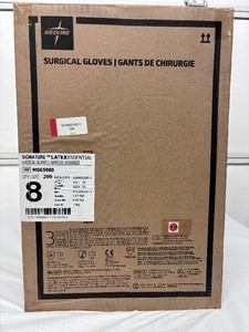 lot 102 image: MSRP $350  1 Case (200 pairs) NEW Medline MSG5980 Signature Latex Essential Powder Free Surgical Gloves -beaded cuff design ensures easy donning and doffing- textured surface improves grip - Size 8 (SOLD On Ebay $120 Per Case)
