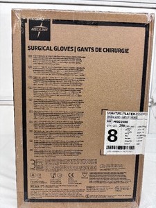 lot 103 image: MSRP $350  1 Case (200 pairs) NEW Medline MSG5980 Signature Latex Essential Powder Free Surgical Gloves -beaded cuff design ensures easy donning and doffing- textured surface improves grip - Size 8 (SOLD On Ebay $120 Per Case)