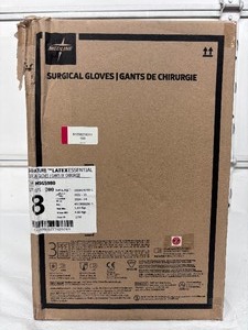 lot 101 image: MSRP $350  1 Case (200 pairs) NEW Medline MSG5980 Signature Latex Essential Powder Free Surgical Gloves -beaded cuff design ensures easy donning and doffing- textured surface improves grip - Size 8 (SOLD On Ebay $120 Per Case)