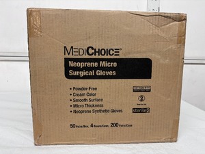 lot 104 image: 1 Case (200 pairs) MediChoice SGL85085 Single-Use Sterile Powder-Free Neoprene Synthetic Micro Surgical Gloves - Size 8 12