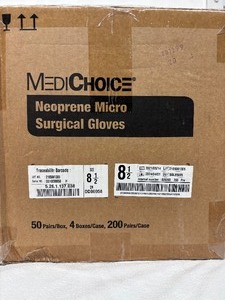 lot 108 image: 1 Case (200 pairs) MediChoice SGL85085 Single-Use Sterile Powder-Free Neoprene Synthetic Micro Surgical Gloves - Size 8 12