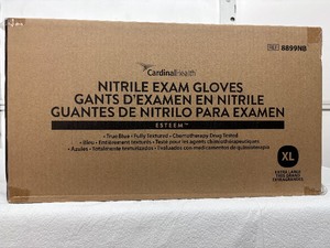 lot 112 image: 1 Case (1300 pairs) NEW Cardinal Health 8899NB Esteem Single-Use Non-Sterile Powder-Free Fully Textured Chemotherapy Drug Tested Nitrile Exam Gloves - Size XL Blue 