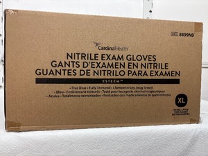 lot 114 image: 1 Case (1300 pairs) NEW Cardinal Health 8899NB Esteem Single-Use Non-Sterile Powder-Free Fully Textured Chemotherapy Drug Tested Nitrile Exam Gloves - Size XL Blue 