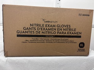 lot 110 image: 1 Case (1300 pairs) NEW Cardinal Health 8899NB Esteem Single-Use Non-Sterile Powder-Free Fully Textured Chemotherapy Drug Tested Nitrile Exam Gloves - Size XL Blue 