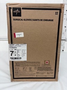 lot 119 image: MSRP $350  1 Case (200 pairs) NEW Medline MSG5975 Signature Latex Essential Powder Free Surgical Gloves -beaded cuff design ensures easy donning and doffing- textured surface improves grip - Size 7.5 (SOLD On Ebay $120 Per Case)