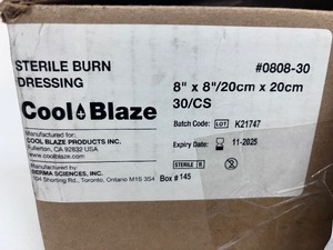 lot 19 image: Derma Sciences 0808-30 8 x 8 Cool Blaze Sterile Non-Adherent Non-Toxic Water Soluble Burn Dressing with Aloe Vera