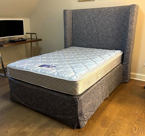 Neutral Colored Fabric Covered Stylish Queen Bed Frame