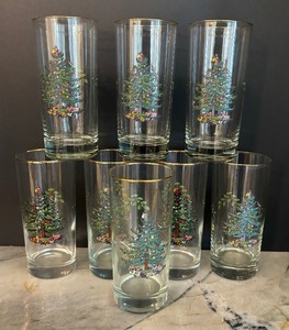 Eight Festive Spode Christmas Tree Highball Drinking Glasses