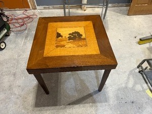 lot 37 image: Vintage Wood Folding Table with Beautiful Landscape Scene