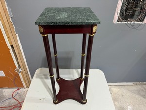 lot 39 image: Mid 20th Century French Empire Style Brass and Wood Side Table with Green Marble Top.