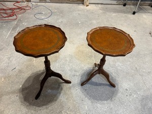 lot 27 image: Pair of Vintage Round Occasional Tables with Leather Inlays