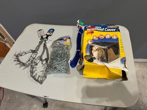 lot 86 image: Pet Supplies - Training Collars, Leash, Kennel Cover (42 x 28 x 31), Twenty Foot Tie Out and Runner Chain