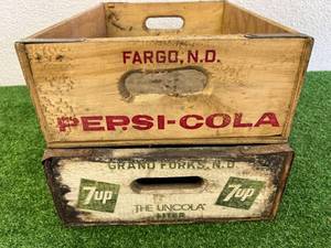 Pepsi-Cola Wood Tote Fargo ND & 7 Up Wood Tote Grand Forks ND