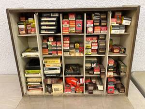 Locking Display Cabinet with Key Full of Electronic Bulbs & 8 Track Tapes