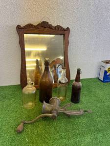Mixed Lot - Vintage Mirror, Glass Bottles, Meat Grinder