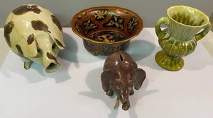 Two Piggy Banks, Footed Serving Bowl and Vase
