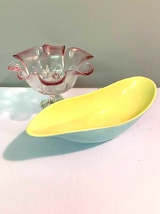Hull Elongated Serving Bowl MCM Pastel and Swirly Pink Glass Candy Dish
