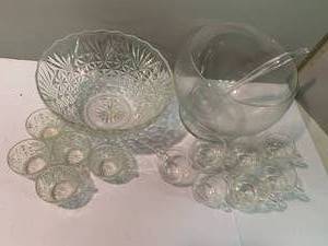 Vintage Punch Sets - Footed Bowl and Cups, Pressed Glass Bowl and Cups