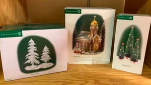 Department 56 Christmas Village Holy Name Church, Peppermint trees, and Icy Trees