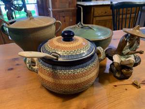 Polish Handpainted Casserole, Bob Fritz Pottery Casserole and Serving Dish, Japanese Figure