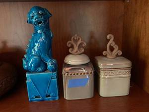 2 Pottery Canisters, Turquoise Foo Dog Bookend