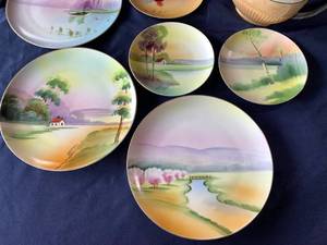 Hand Painted Nature Landscape Plates plus Lusterware Tea Pot.
