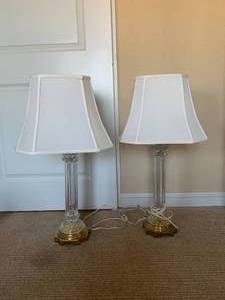 Large Column Glass and Brass Lamps with Shades