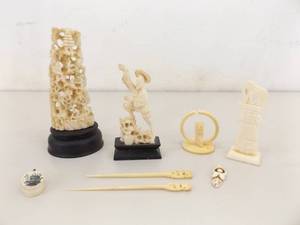 Lot of Antique and Vintage Carved Bone Figures, Pendant, etc.