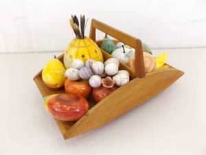 Vintage Carved Italian Alabaster Stone Fruits in Mid Century Wood Divided Bucket&nbsp