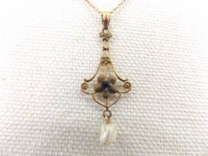 10K Yellow Gold Vintage Pearl and Sapphire Pendant Necklace