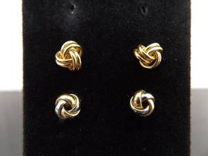 2 Pair Of 14K Yellow Gold and Mixed White Gold Knot Post Earrings
