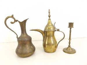 3 Piece Lot of Antique Brass Tea and Candle Set