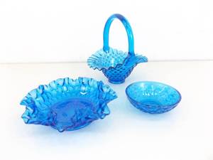 Vintage 3 Piece Set of Cobalt Blue Fenton etc. Ruffled Bowl Basket and Dish