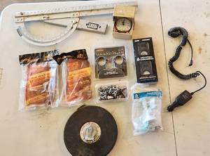 lot 704 image: Vintage New Elgin Clock in box  - Accushot, Grand Slam Mount Rings, Tape Measure