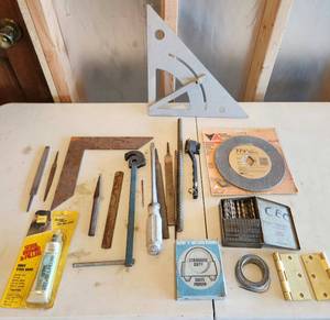 lot 739 image: Tools Files, Drill Set, Wheel Blade, Stanley speed square, Pipe Wrench