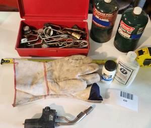 lot 439 image: Blow Torch head, Flint Sparkers, gloves, propane tanks unused