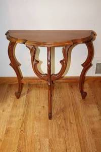lot 24 image: Vintage Walnut() Half-Moon Accent Entry Table Plant Stand