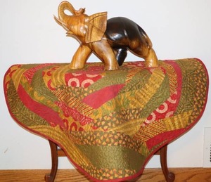 lot 72 image: Large Tabletop Hand-Carved Wood Elephant Statue, Hand-Made Textile Art Quilted Table-Topper