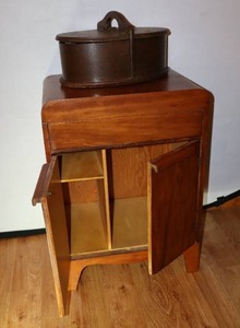 lot 22 image: Antique Wood Sewing Storage Bin and Cabinet Etc.